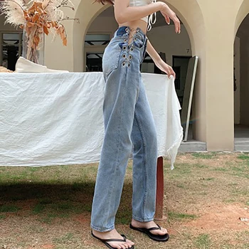 Instagram moda sexy lanț de blugi design sentiment temperament talie mare tub de drept pantaloni minoritate de moda de vara pentru femeie