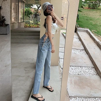 Instagram moda sexy lanț de blugi design sentiment temperament talie mare tub de drept pantaloni minoritate de moda de vara pentru femeie