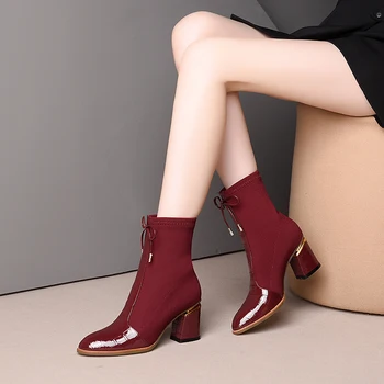 ISNOM Relief Piele de Vacă Glezna Cizme Femei Tocuri Metalice de Înaltă Papuceii Femeie se Întindă Pantofi de sex Feminin Square Toe Pantofi Doamnelor Iarna
