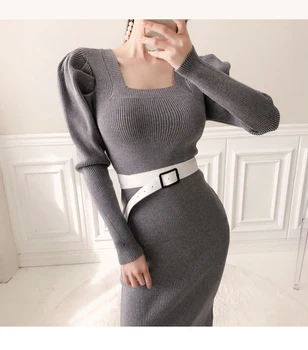 2020 Nou Toamna Iarna Pulover Rochie Lunga Pentru Femei Tricotate Gât Pătrat Puff Sleeve Slim Pachet Șold Split Rochie Cu Centura