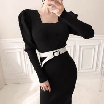 2020 Nou Toamna Iarna Pulover Rochie Lunga Pentru Femei Tricotate Gât Pătrat Puff Sleeve Slim Pachet Șold Split Rochie Cu Centura