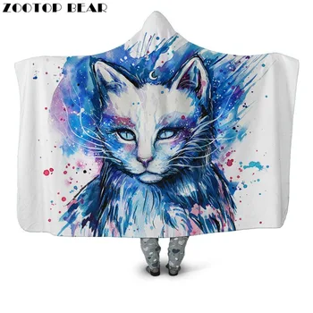 Pisica cu Gluga Pătură Portabil Fleece Pături de Brand Nou Acuarelă Animal de Moda Mantie Moale Adult lenjerie de Pat 3D pictura