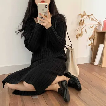 Coreeană Chic Rochie Dintr-O Bucata Femei Plus Dimensiune Largi Tricotate Rochie Pulover 2020 Maneca Lunga De Toamna Iarna Nou De Acoperire Rochie De Sex Feminin