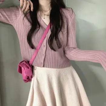 Sexy Butoane Pulover Tricotate Cardigan Pentru Femei Slim Cu Nervuri De Primăvară-Coreean V-Gât Pulovere Haina Cu Maneca Lunga Subtire De Sus Tricotaje C10