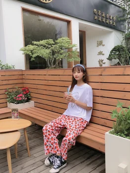 Pantaloni Femei cele mai Recente de Capsuni imprimate Streetwear Harajuku Dulce de sex Feminin Pierde Iubitul Chic Glezna-lungime Pantaloni la Modă