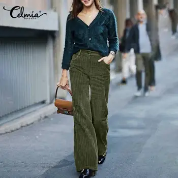 2021 Moda pentru Femei Pantaloni de Catifea Celmia Toamna Talie Mare Largi Picior Pantaloni Casual Vrac Solid Munca Pantalon Femme Plus Dimensiune