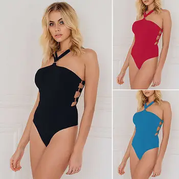 Nouă Femei-O Bucată de costume de Baie Solid Negru Roșu Albastru Beachwear Fixare Costume de baie push up bikini Baie S M L