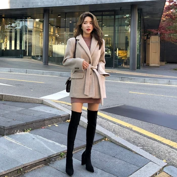 2020 Lână Sacou Pentru Femei Sacou Toamna Haina De Iarna Coreean Blazer Scurt Centura Palton Femei Haine Groase Chaqueta Mujer