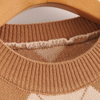 Vintage geometrice rombic pulover pulover tricotate femei 2020 O moda neck maneca lunga hot vânzarea uza anglia stil topuri