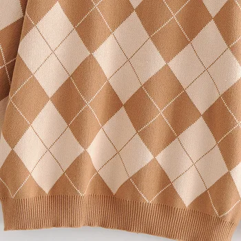 Vintage geometrice rombic pulover pulover tricotate femei 2020 O moda neck maneca lunga hot vânzarea uza anglia stil topuri