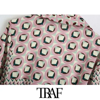 TRAF de Moda pentru Femei, Cu Curea de Imprimare Geometrice Bluze Largi Vintage Maneca Lunga Partea de Guri de sex Feminin Tricouri Topuri Chic