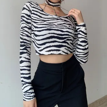 Femei Topuri Și Bloues Sexy cu Maneci Lungi Lanț Cravată Zebra Print Slim T-shirt Bluza Crop Top