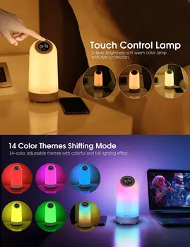 Difuzor Bluetooth Lumina De Noapte Touch Control Lampa De Pe Noptiera Ceas Deșteptător Timer Difuzor Fără Fir 3-Nivel De Lumini Calde