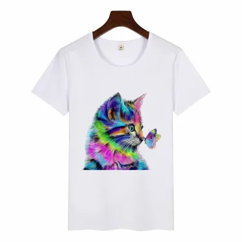 Femei pisica desen de imprimare T-shirt Casual Print Graphic Tee de sex feminin Colorate T-shirt de Vară Harajuku ropa mujer Scurt cu Mâneci Topuri