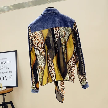 2020 Primăvară Nouă Epocă de Leopard Sifon de Imprimare Îmbinat Cămașă din Denim de Moda pentru Femei cu maneci Lungi, Decupaj Bluza Femei Topuri Valul G008