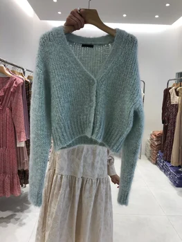 Coreea de sud Est Poarta Nou Stil V-neck singur pieptul cardigan pulover scurt femei tricotate haina de moda