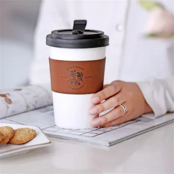 Creative Cana Ceramica Cu Piele Cupa Scrisoare de intentie Model Floare Cafea cu Lapte Portabil Cupe de uz Casnic Birou Drinkware 450ML