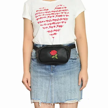 Sac de moda curea femei piele PU moale sac de talie cu broderie rose hip husă curea saci de designer negru talie pungi pentru femeie
