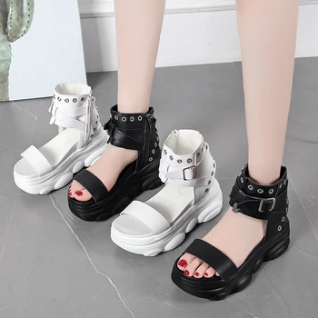 Moda Pantofi Pene Pentru Femei Sandale 7.5 CM Tocuri inalte Pantofi de Vara 2020 Aussures Femme din Piele, Sandale cu Platforma, pantofi Albi