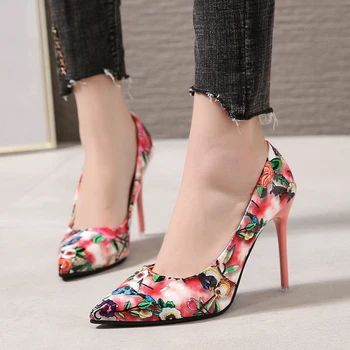 2020 Nou Plus Dimensiune Tocuri inalte Femei Stil Etnic cu toc Înalt Pantofi Cu imprimeu Floral Subțire Și Versatil Superficială a Subliniat Pantofi Singur