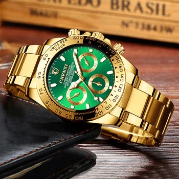 Chenxi Top Brand De Ceasuri De Lux Pentru Bărbați Ceasuri De Aur Fata Verde Din Oțel Inoxidabil Cuarț Ceasuri De Mana Barbati De Afaceri Ceasuri Reloj Hombre