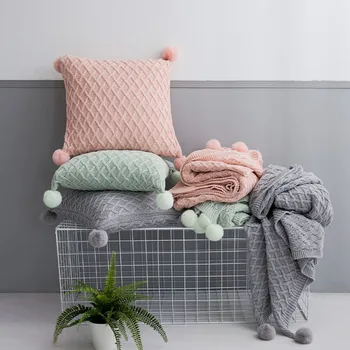 45x45cm gri/roz/verde menta fir de bumbac kintted față de pernă canapea verificate față de pernă decorative lână capac pernă spătar