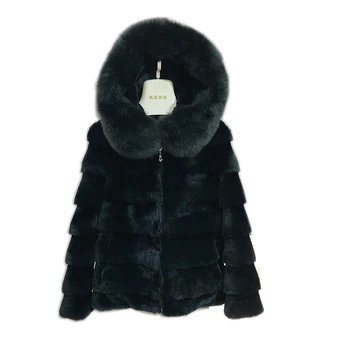 2020 nou de Lux de Brand femei reale rex haină de blană de iepure blană de palton cu gluga stil lung cu dungi gros de iarna haina de blana de vulpe guler