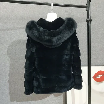 2020 nou de Lux de Brand femei reale rex haină de blană de iepure blană de palton cu gluga stil lung cu dungi gros de iarna haina de blana de vulpe guler