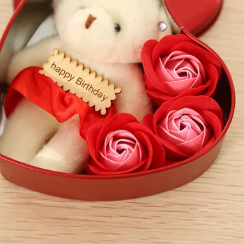 3 în formă de Floare de Săpun de Trandafir Săpun cu Micul Urs și Inima în formă de Cutie de Depozitare Cadou Romantic pentru Iubitorii de Prietenele OCT998