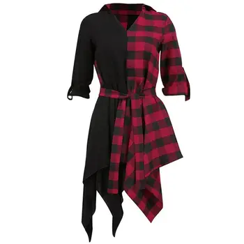 Gotic Negru Carouri Roșii Asimetrice Tricou Femei Rochii Plus Dimensiune Streetwear Casual, Sexy Club, De Vara Goth Sex Feminin De Moda Rochie De