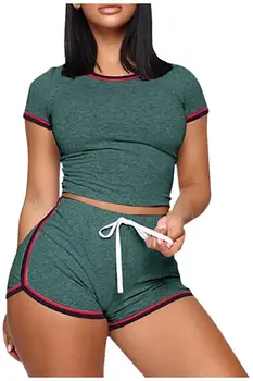 2 buc Femei Casual Sport Treninguri Slim Set Pijama Sexy Crop Top Elastic Talie pantaloni Scurți Set Homewear