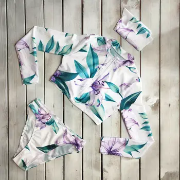 2019 Nou Sexy Femei cu Maneci Lungi imprimeu Floral Zip Up Set de Bikini Vara pe Plaja costume de Baie 3pcs Floare de sex Feminin Bikini Seturi de Costume de baie