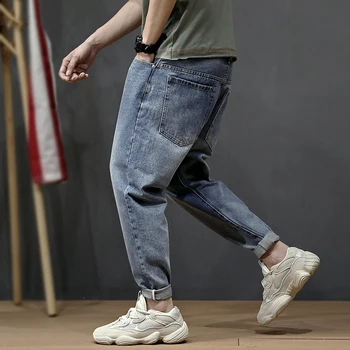 Coreea Style Moda Barbati Blugi Largi Elastic Pantaloni Harem Pantalon Conic Retro Albastru Streetwear Hip Hop Blugi Barbati Pantaloni De Creion