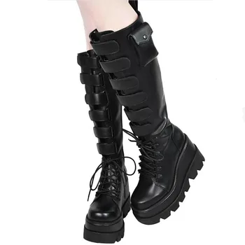 Karinluna de Înaltă Calitate femeie pantofi de Moda Punk Pene Tocuri Platforma Dantela-Up Cizme Genunchi Ridicat Catarame Zip Toamna
