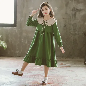 Rochie pentru Fete de Partid coreean Primavara Verde cu Maneci Lungi Printesa Teen Fată Rochie Costum 5 6 7 8 9 10 11 12 13 14 15 An