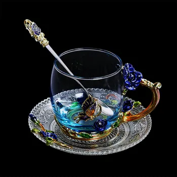 Blue Rose Email Crystal Ceașcă Ceai de Flori de Sticlă de Înaltă calitate de Sticlă Cana de Apa de Flori de Cana cu Maner Cadou Perfect Pentru Iubitul Nunta