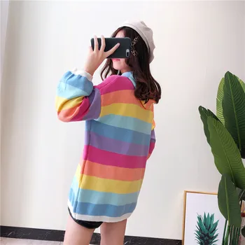 Femei Pulover Cu Gluga 2020 Iarna Coreea Style Drăguț Curcubeu Dungi Pulover Supradimensionat Acoperire Moale Tricotate Tricotaje T398