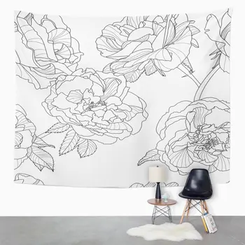 Linie Floral Negru și Alb, cu Contur Flori de Trandafir Design Liniar Tapiserie Home Decor Agățat de Perete pentru Camera de zi Dormitor