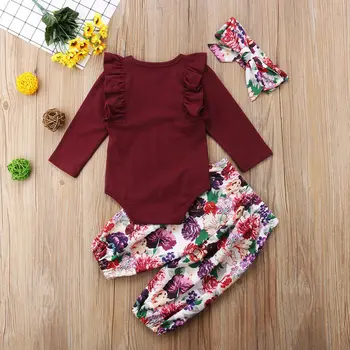0-18M Copilul copil Fată de Primăvară 3Pcs Set Roșu Clos cu Maneca Lunga Body+Floral Arc Pantaloni+Bentita pentru Sugari Tinuta de Toamna