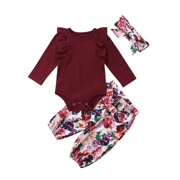0-18M Copilul copil Fată de Primăvară 3Pcs Set Roșu Clos cu Maneca Lunga Body+Floral Arc Pantaloni+Bentita pentru Sugari Tinuta de Toamna