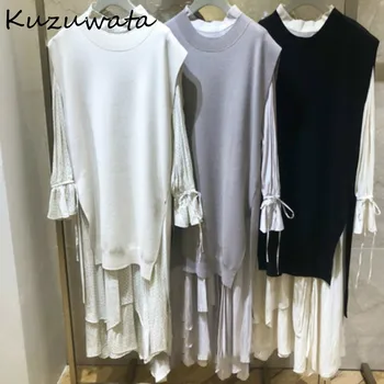 Kuzuwata Moda Noi 2 Buc Femei Set Solid Split Tricot Vesta + Flare Maneca Cordon Șifon Cămașă Rochie 2021 Primavara Toamna Costum