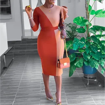 2020 Portocaliu Culoare Bloc Volane Femei Bodycon Rochie De Vara Din Africa Doamnelor Dineu Elegant Office Rochii De Muncă Vestiods Plus