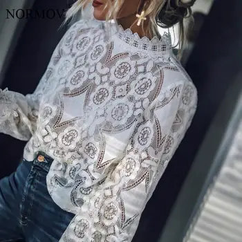 NORMOV Femei Dantelă Albă Bluza Femei Elegante cu Maneca Lunga Birou Doamnă Tricouri Gol Blusas Primăvara anului 2020