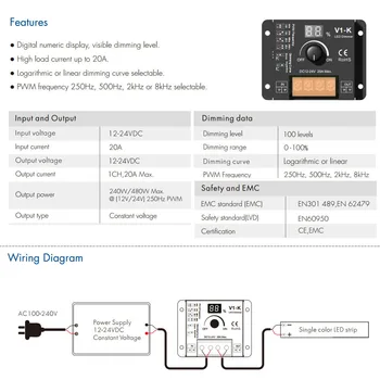 LED Dimmer 12V 24V 20A Rotativ PWM Dimmer Wireless Comutator de Frecvență Reglabil Buton de Benzi cu LED-uri Dimmer 12 Volți pentru Iluminat V1-K