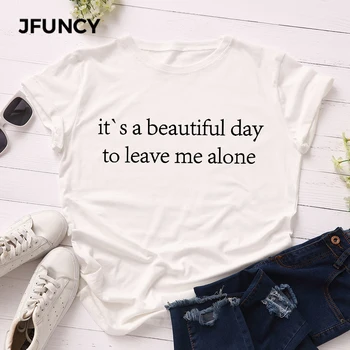 JFUNCY Plus Dimensiune de Vara tricouri Femei din Bumbac Tricou Scrisoarea Imprimate Femeie Tricou Maneci Scurte Topuri Largi de sex Feminin Tricou