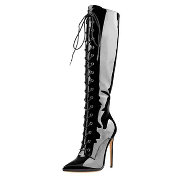 Onlymaker femeii a Subliniat Toe Dantela-Up Toc Subțire de Mare Bootie Sexy Stilet Zip Black Patent Peste Genunchi Cizme Înalte de Dimensiuni Mari US15