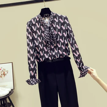 Design de lux 2020 Toamna pentru Femei de Moda Arc Sifon Scrisoare de Imprimare Topuri Tricou Mâneci Lungi Bluze Camasi A3790