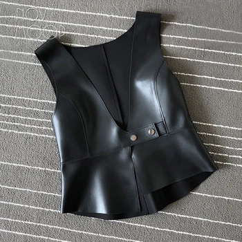 Novmoop 2020 stil de moda pentru femei primavara-vara negru kaki neregulate piele de oaie piele vesta gilet femme colete LT3079