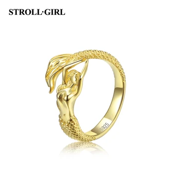 StrollGirl Autentice de Moda de argint 925 culoare de aur Sirena deschide dimensiune Inel reglabil pentru femei bijuterii DIY