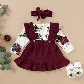 Îmbrăcăminte Pentru Copii Set Toddler Fete Haine Rochii Cu Maneci Lungi Floral Romper Body+Suspensor Fuste Costume Ubranka Dla Niemowlat